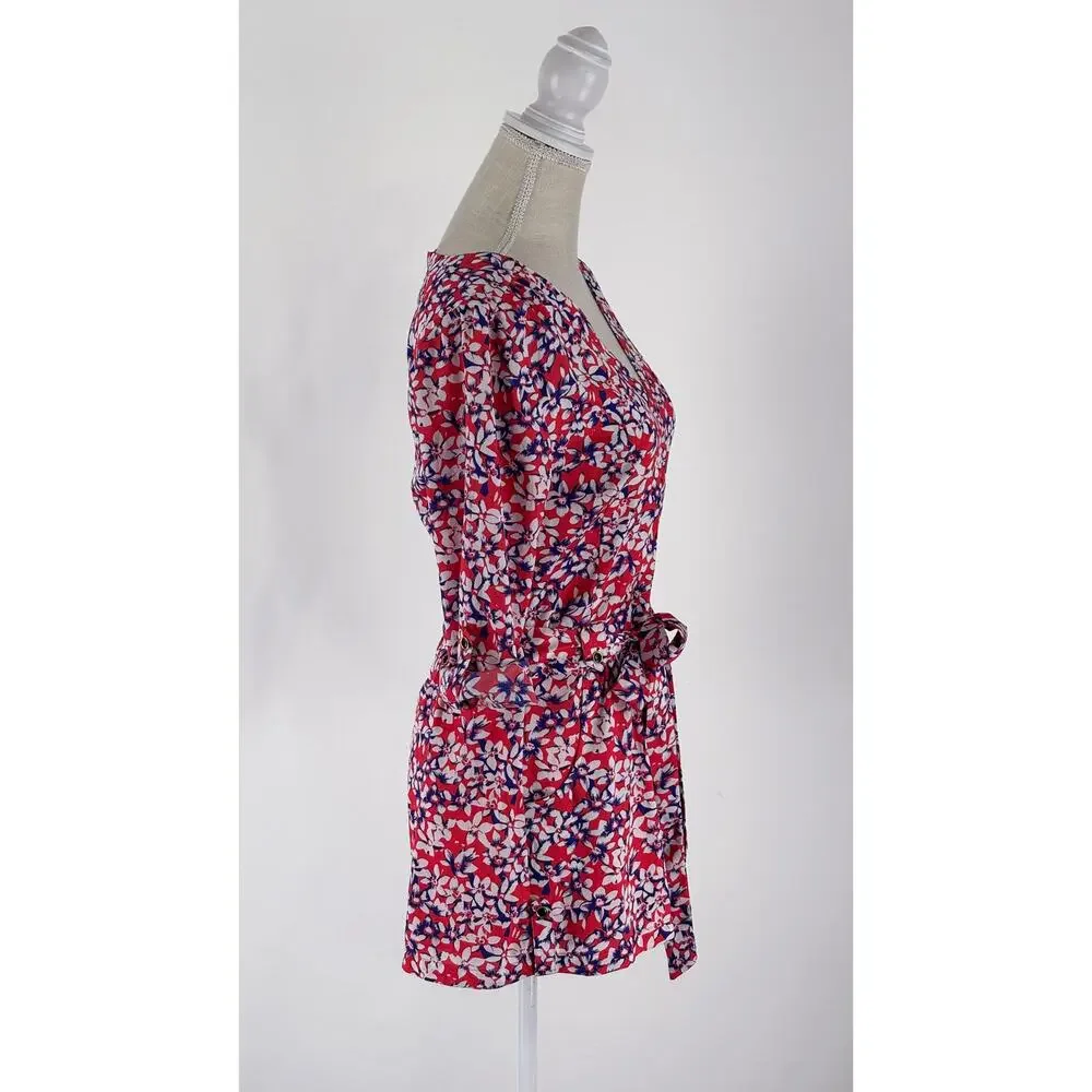Yumi Kim Womens Floral Belted Romper Size 8 V Neck Red Blue White